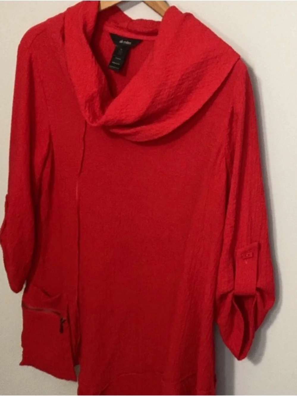 Ali Miles Relaxed Cherry Red Cowl-Neck Tunic Top, Pocket Detail Size Medium